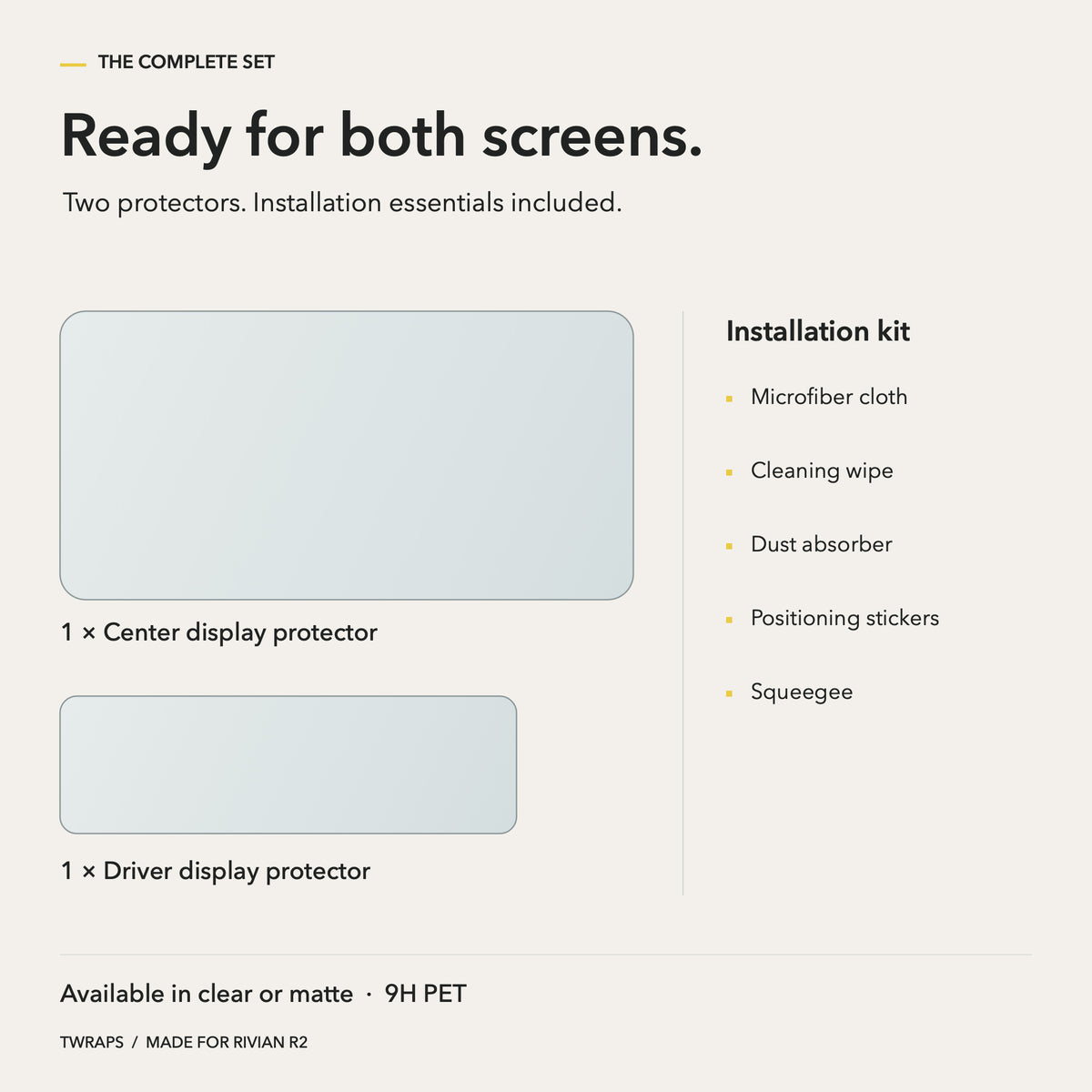 Screen Protectors | Rivian R2, 9H PET, Clear or Matte