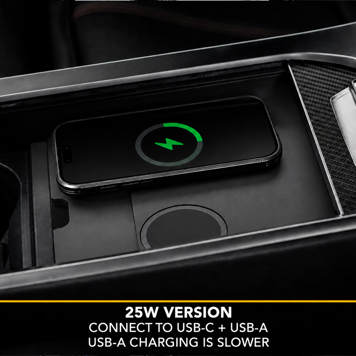 Lucid Air 25W version in the center console. Connect to USB-C and USB-A; USB-A charging is slower.