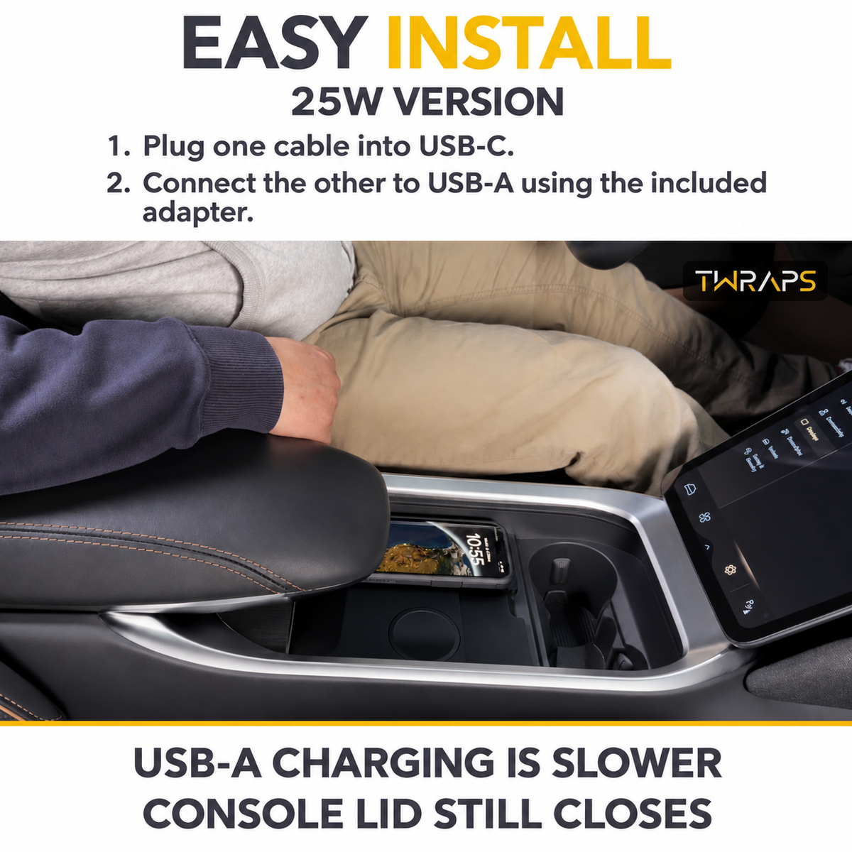 Lucid Air 25W installation: plug one cable into USB-C and the other into USB-A using the included adapter. USB-A charging is slower; the console lid still closes.