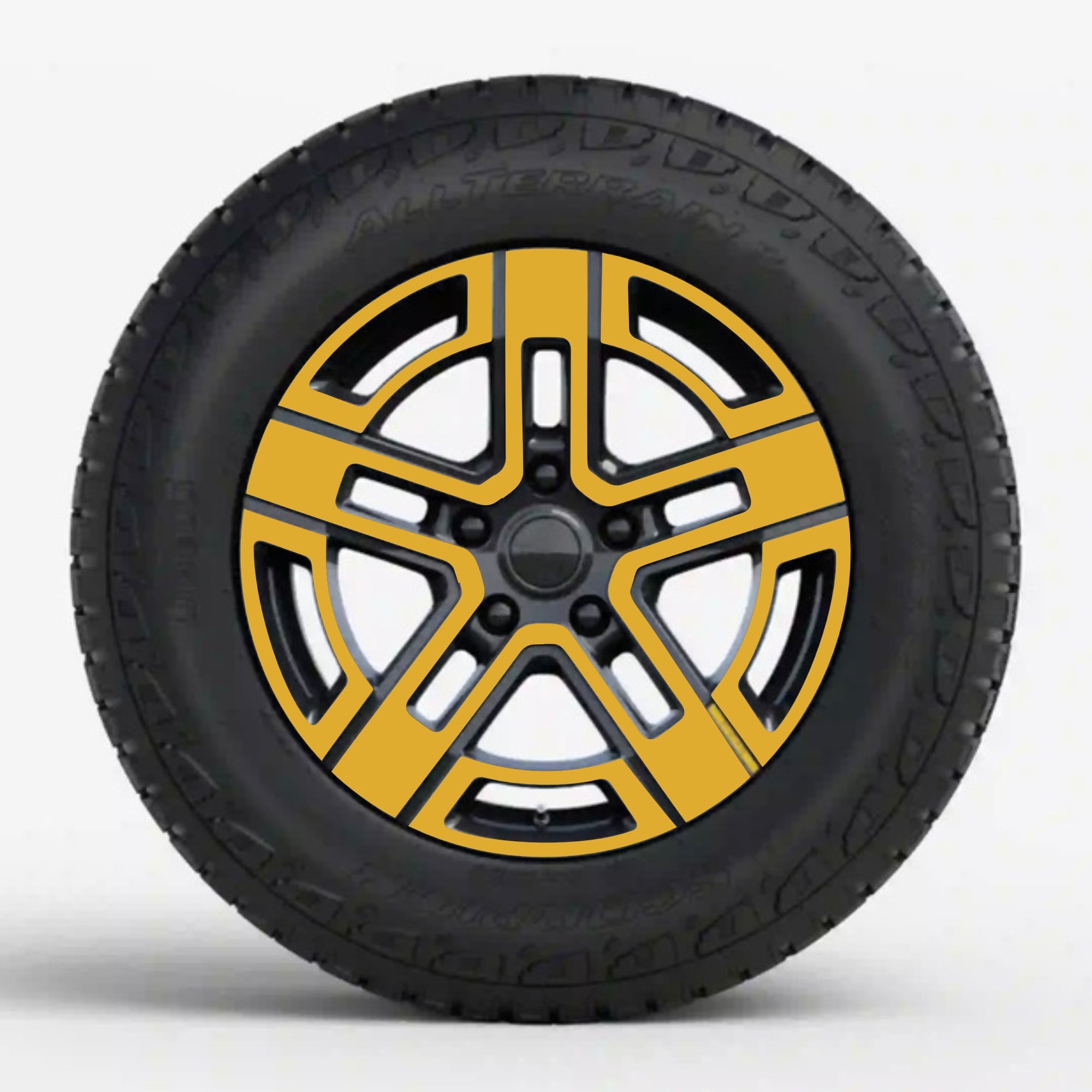 black tire yellow five-spoke rim chrome delete, r1t, r1s, rivian r1s