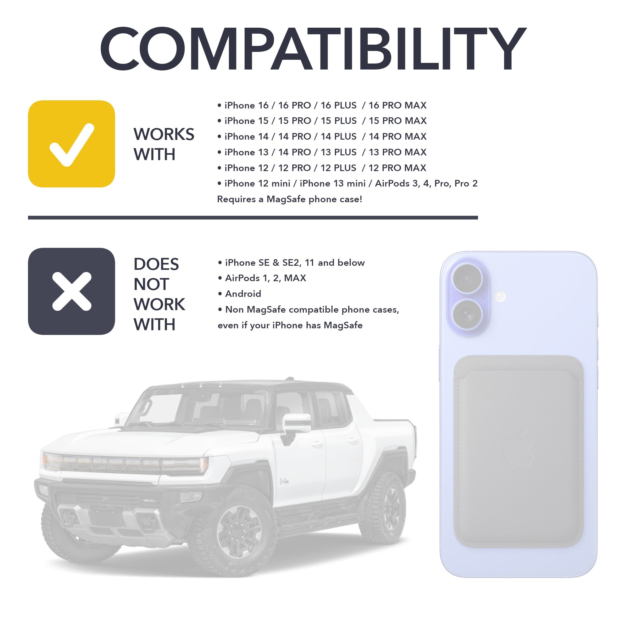 gmc hummer, wireless charging pad, compatible magsafe case, charging, pad