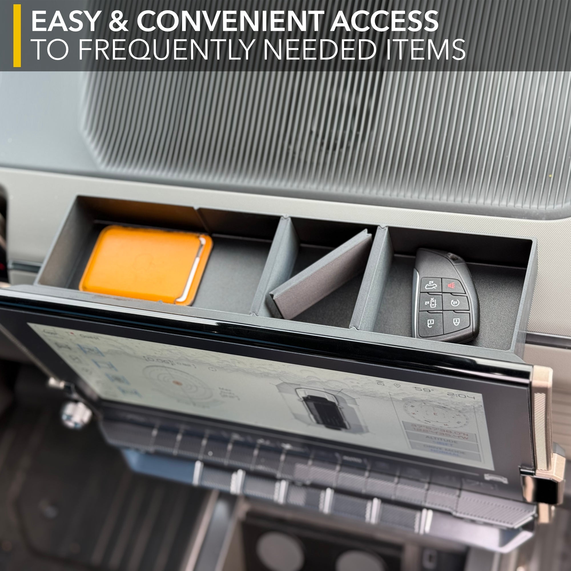 gmc hummer, hummer evβs interior, twraps sleek behind-the-screen, behind-the-screen storage, storage organizer