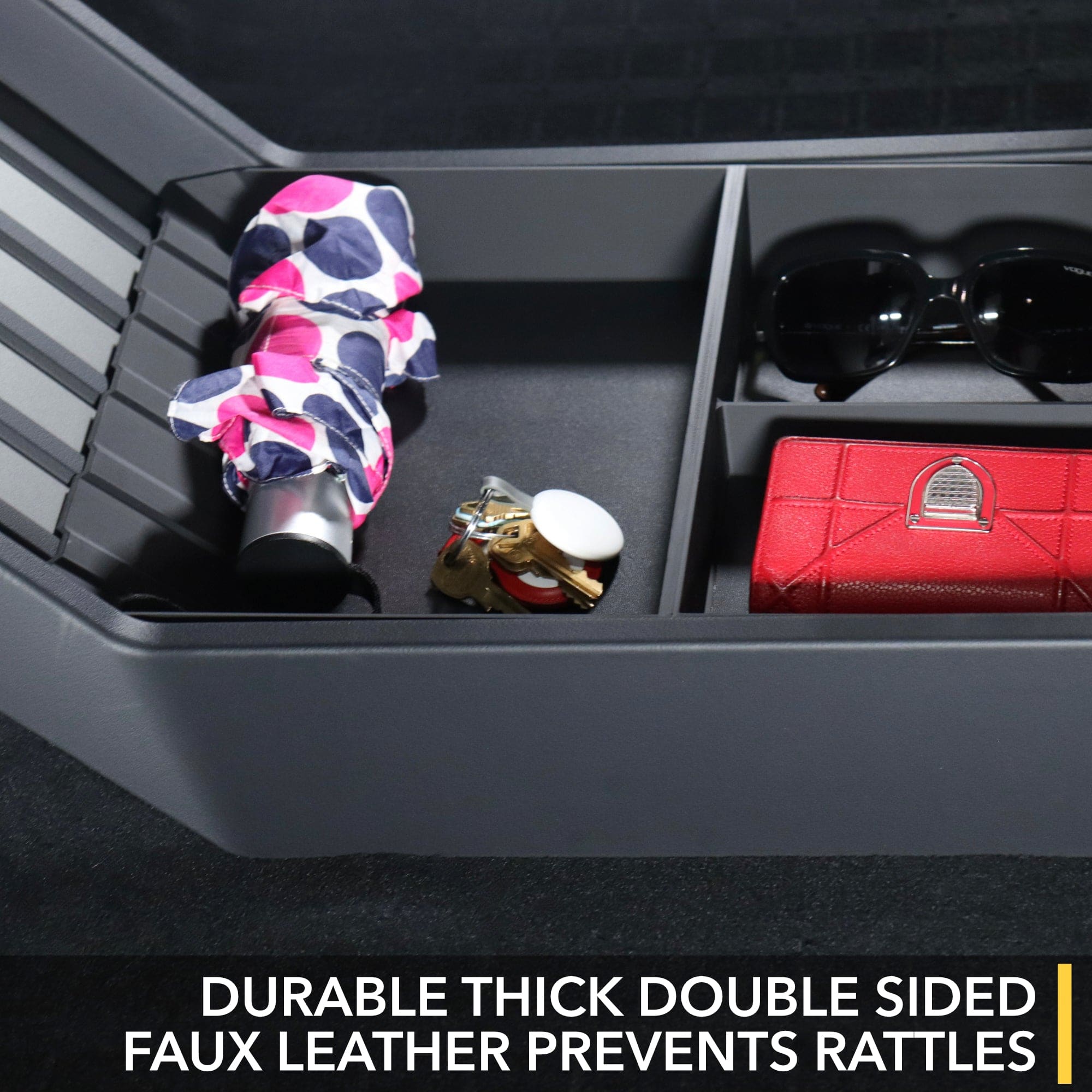 black storage tray compartments tesla cybertruck leather liners proudly made patent pending design rugged floor console