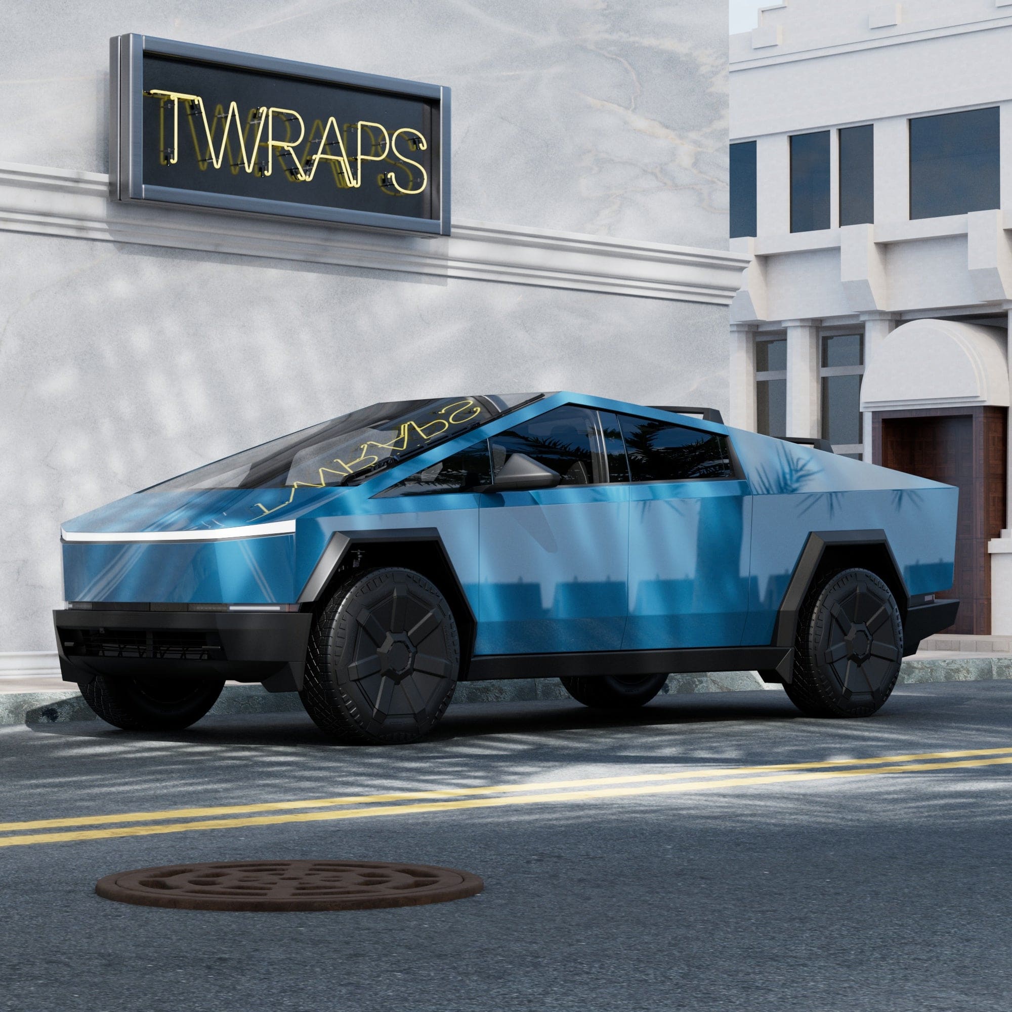 blue-wrapped cybertruck stainless steel body ev accessories