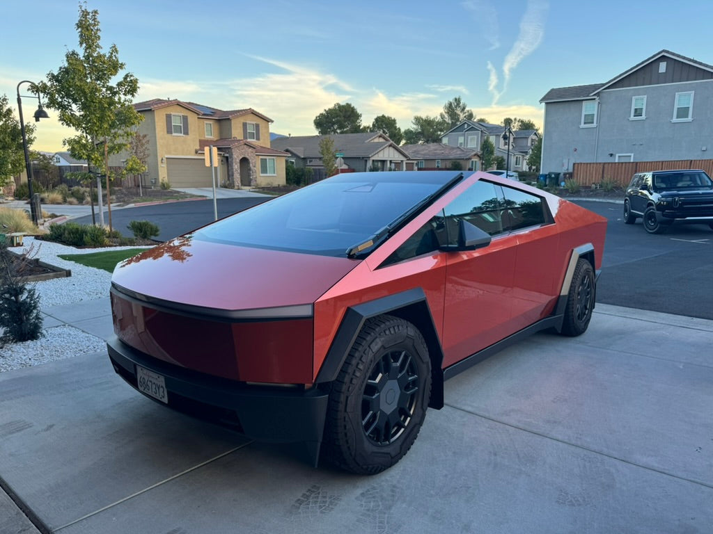 red tesla cybertruck color ppf, stainless steel body, body ppf wrap,