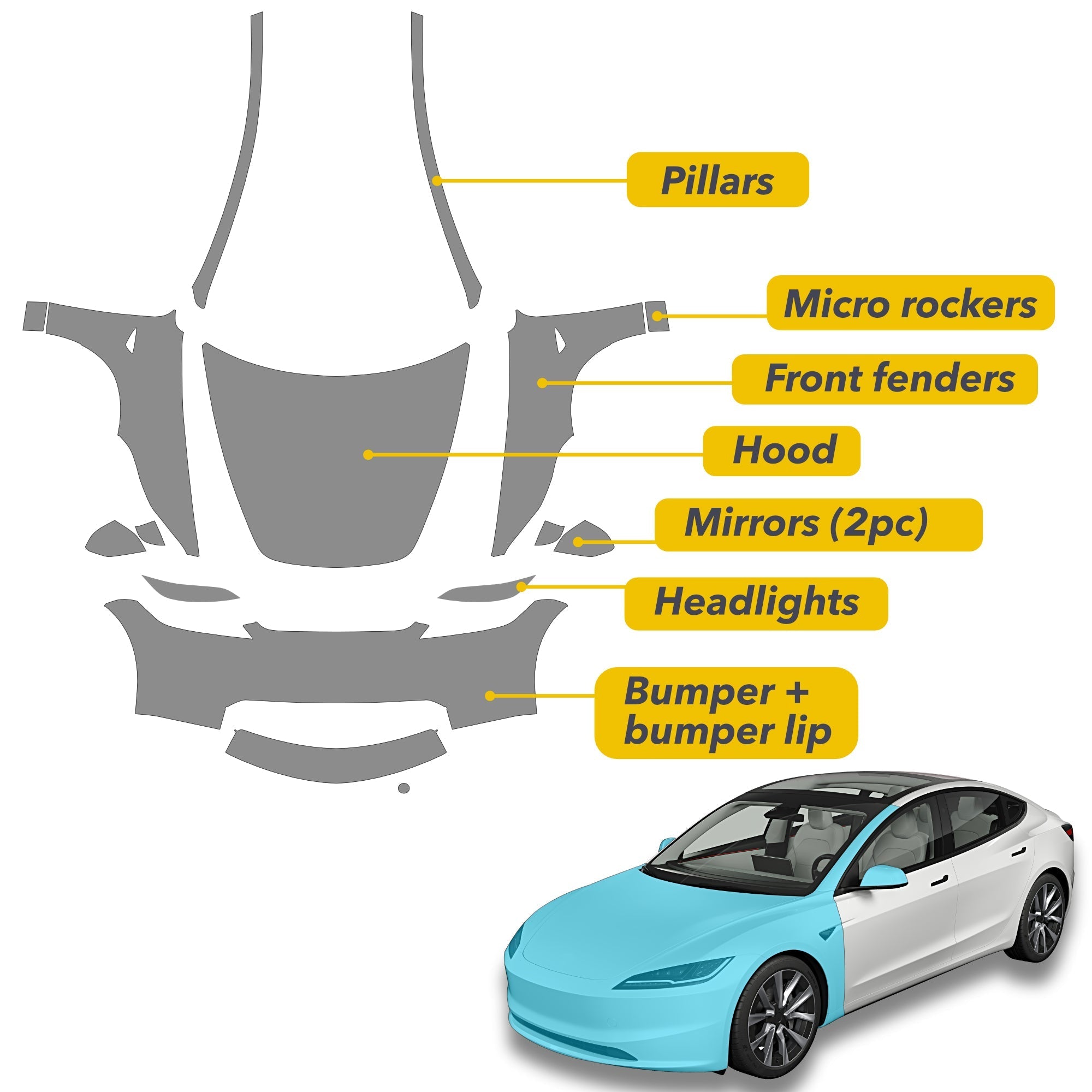 Full Front Paint Protection Film for Tesla Model 3 Highland self-healing 8mil pre-cut PPF T-WRAPS