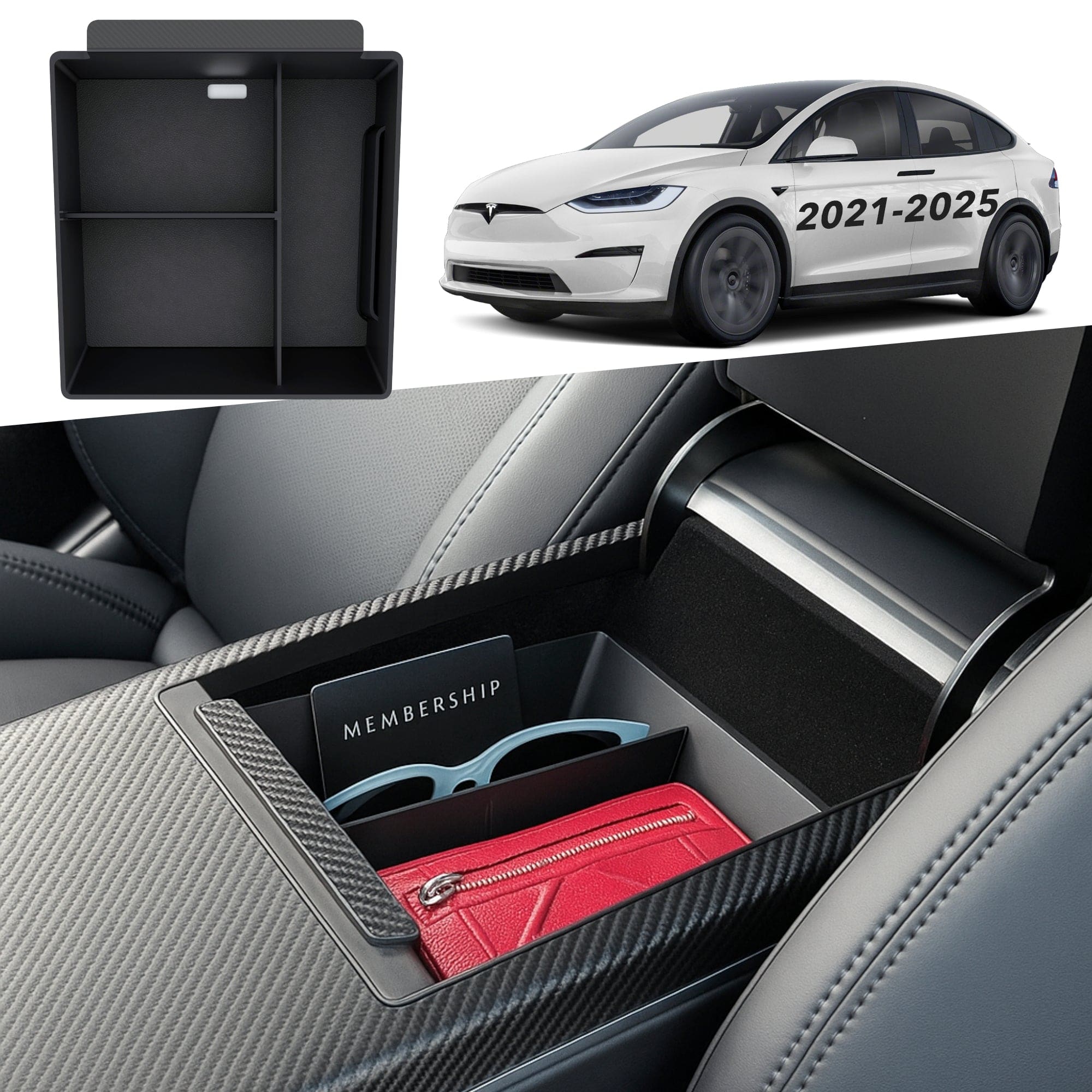 tesla model center console armrest tray leather inserts carbon fiber