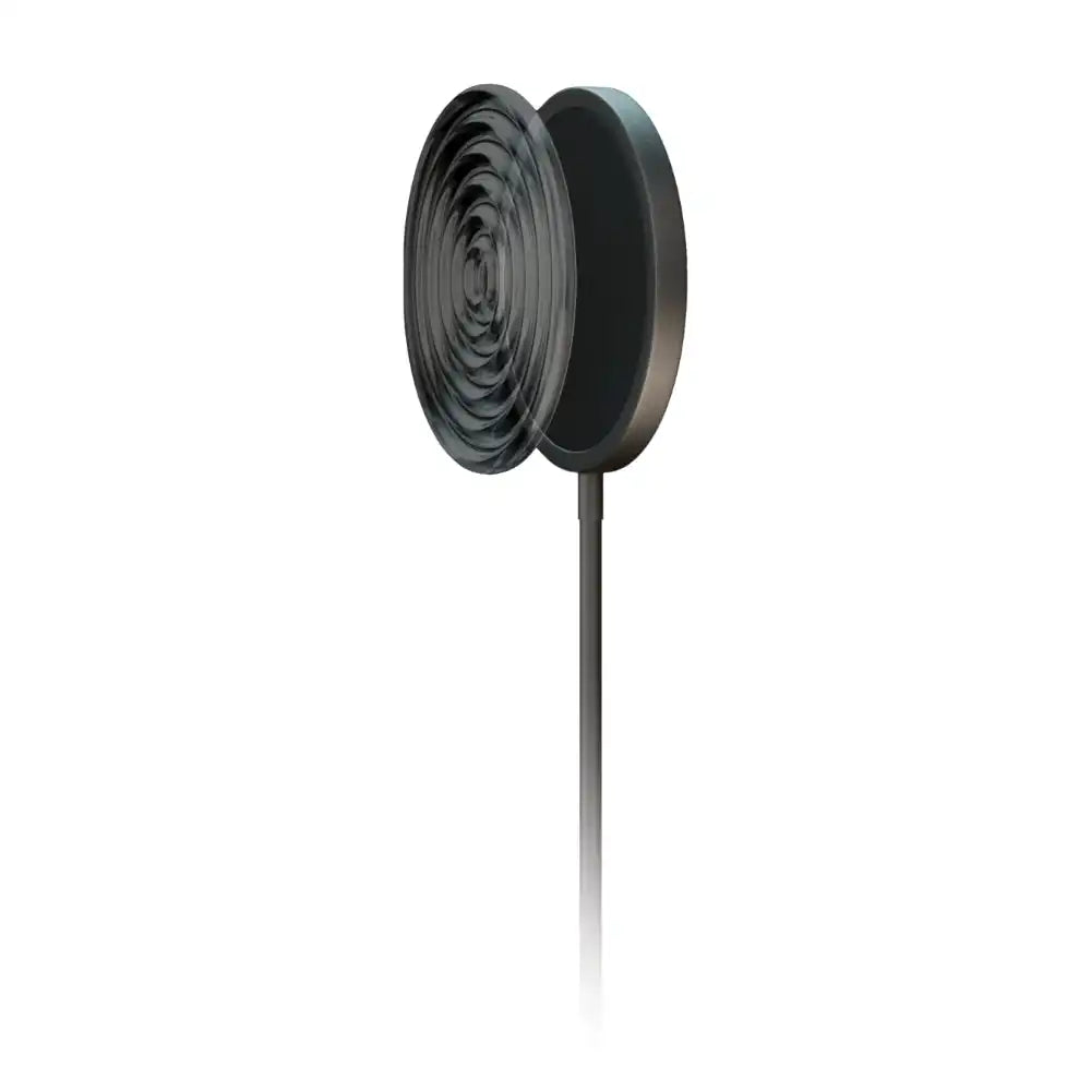 Black circular microphone with concentric ring pattern on its surface.