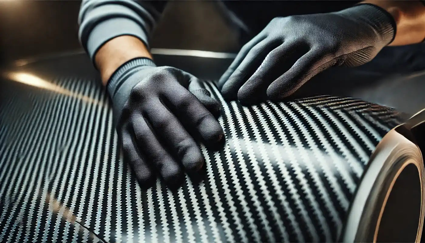 Carbon fiber material being handled by hands wearing black gloves.