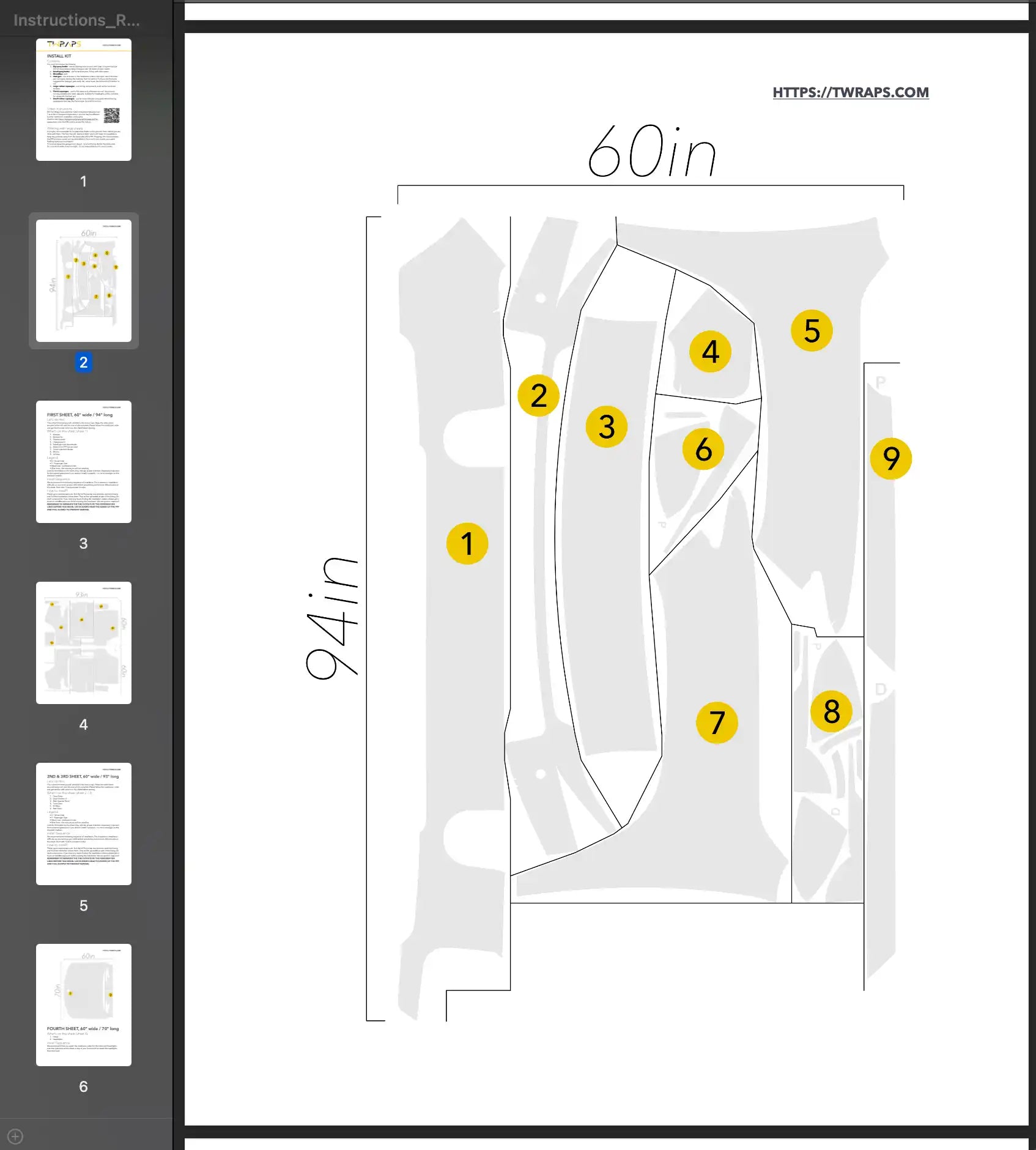 Diagram showing numbered sections arranged in a curved pattern within a 60x94 inch space.