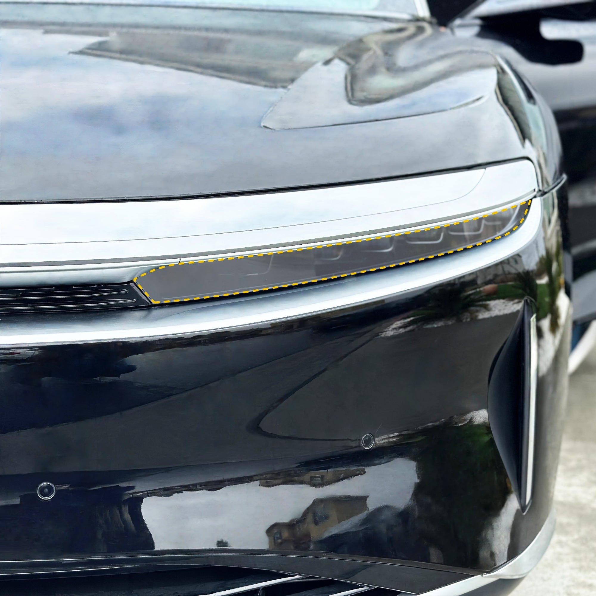 sleek, black, car, headlight smoke tint lucid air tail lights smokey eyes paint protection film