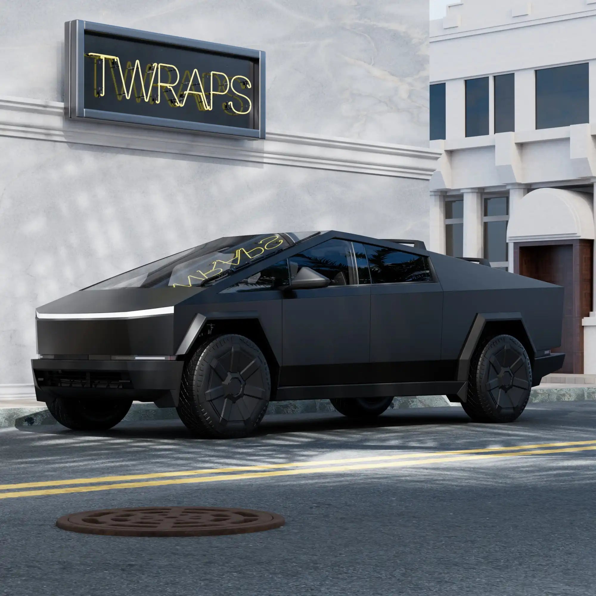 Matte black Tesla Cybertruck parked on a street.