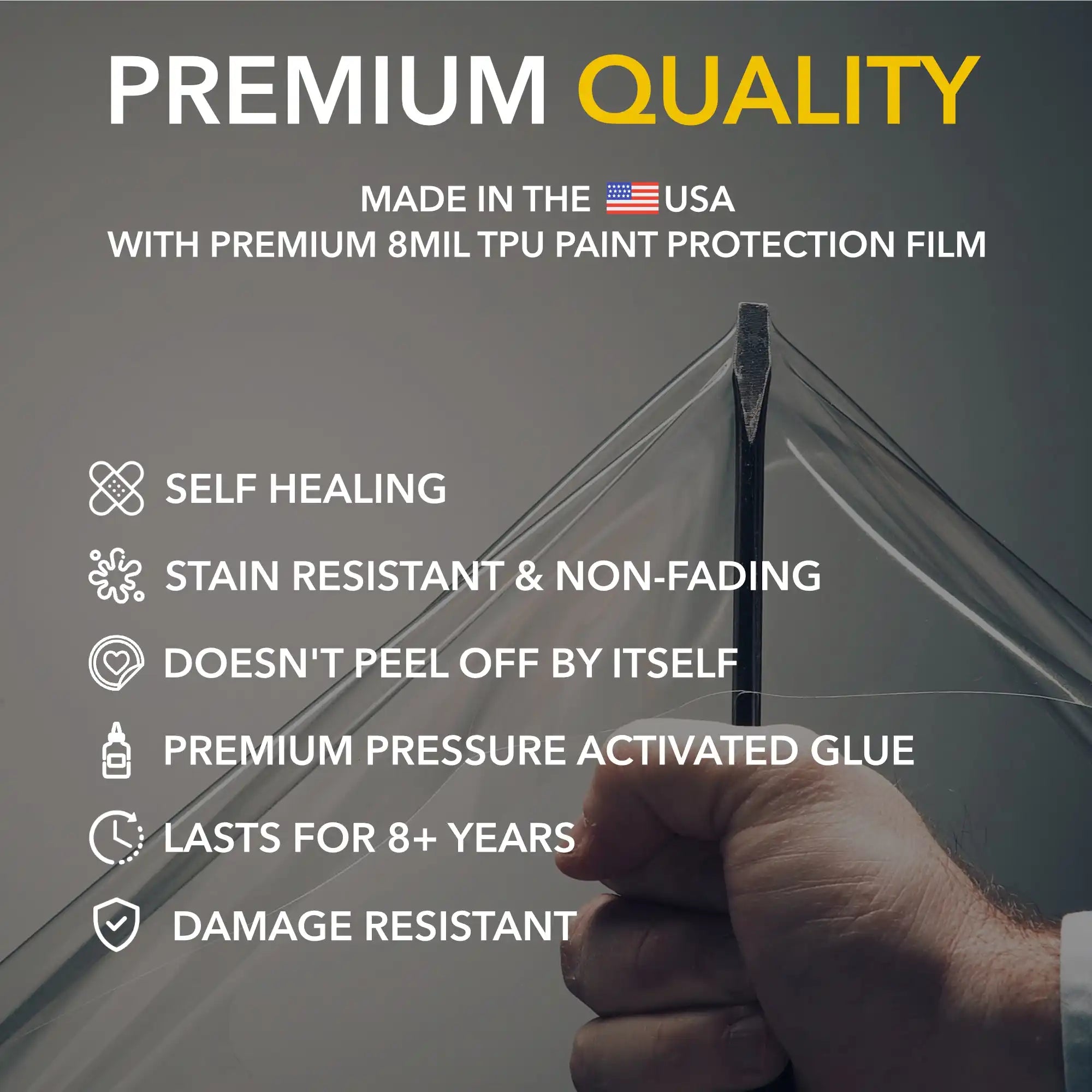 Premium quality TPU paint protection film with self-healing and stain-resistant properties.