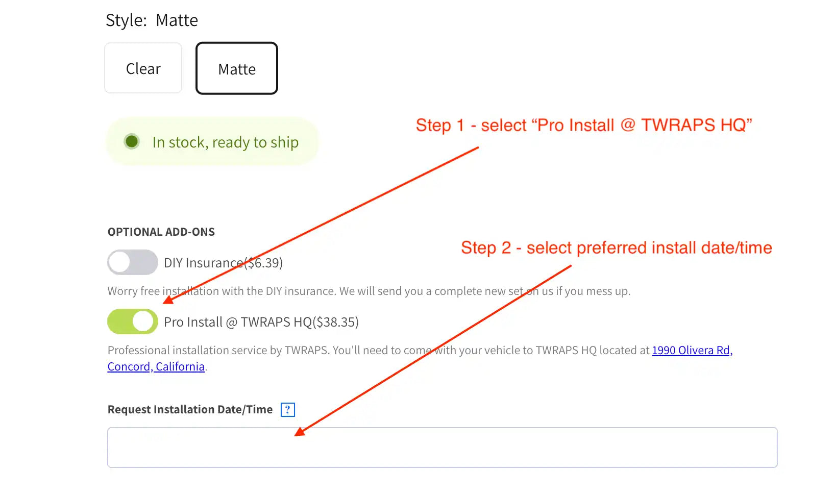 Screenshot of a product selection interface with ’Matte’ style option and installation settings.