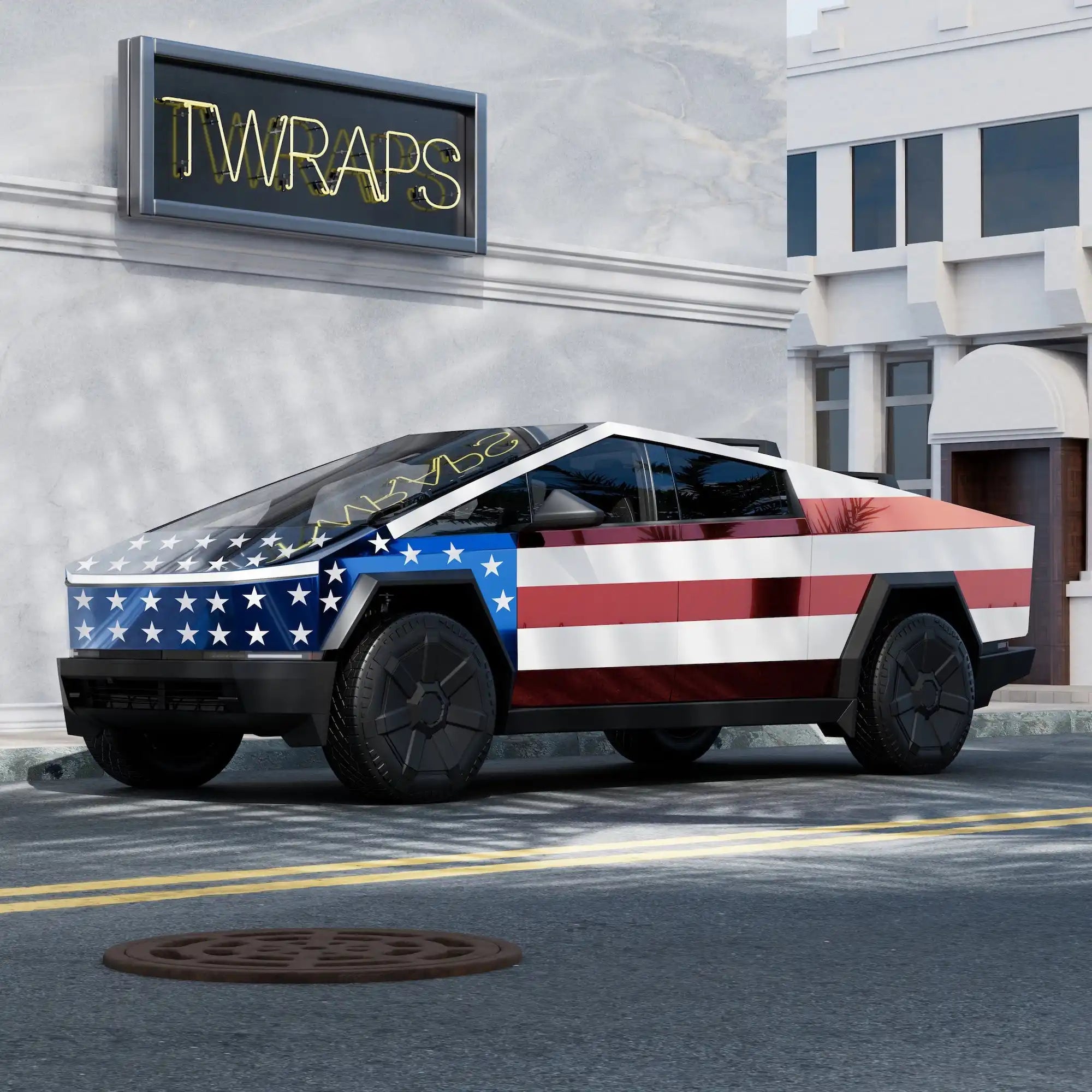 Tesla Cybertruck wrapped in an American flag design.