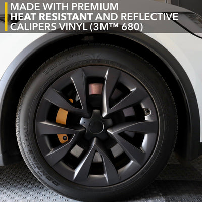 black car wheel yellow calipers tesla model thermal-resistant vinyl brake caliper