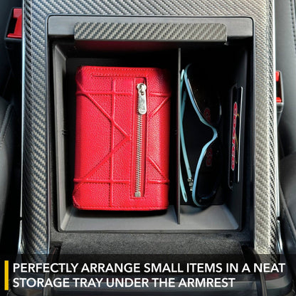 organized, car, storage, tray tesla model center console armrest leather inserts carbon fiber