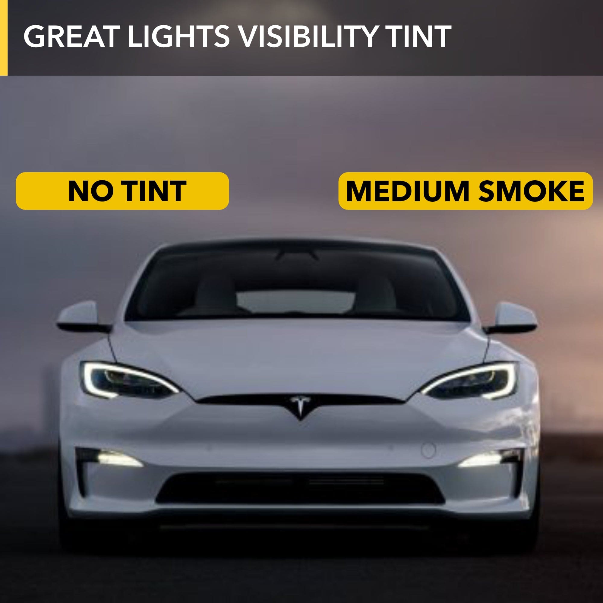 white tesla car model headlights smoke tint visible light