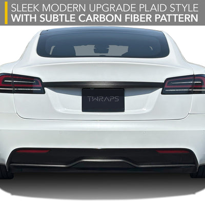 white car rear view carbon fiber tesla model vinyl wrap diffuser lip
