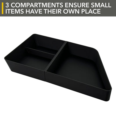black three-compartment organizer trunk tray small items neatly arranged