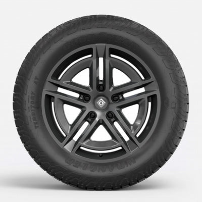 black all-terrain tire five-spoke rim r1s chrome delete rivian r1t vinyl wrap