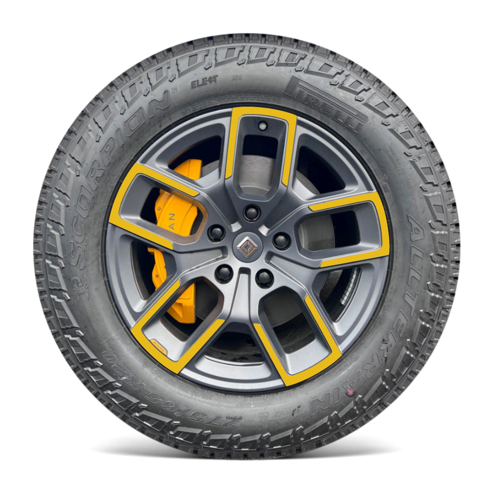 gray wheel yellow accents off-road r1s chrome delete rivian r1t vinyl wrap
