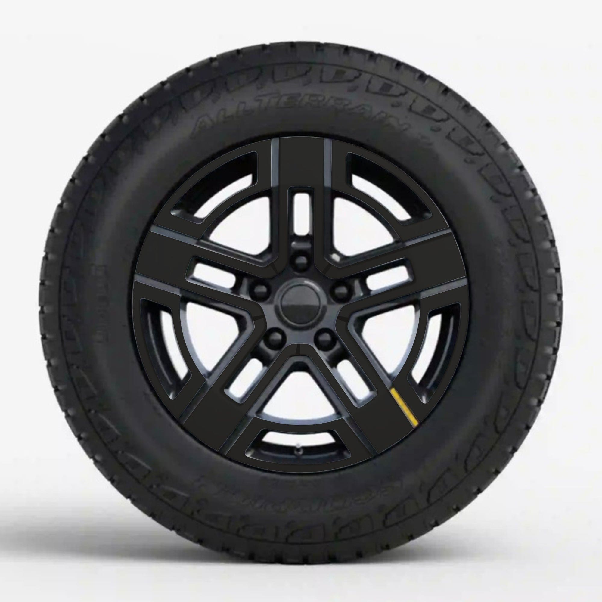 black truck tire five-spoke rim r1s chrome delete rivian r1t vinyl wrap