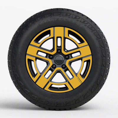 black tire yellow five-spoke rim r1s chrome delete rivian r1t vinyl wrap