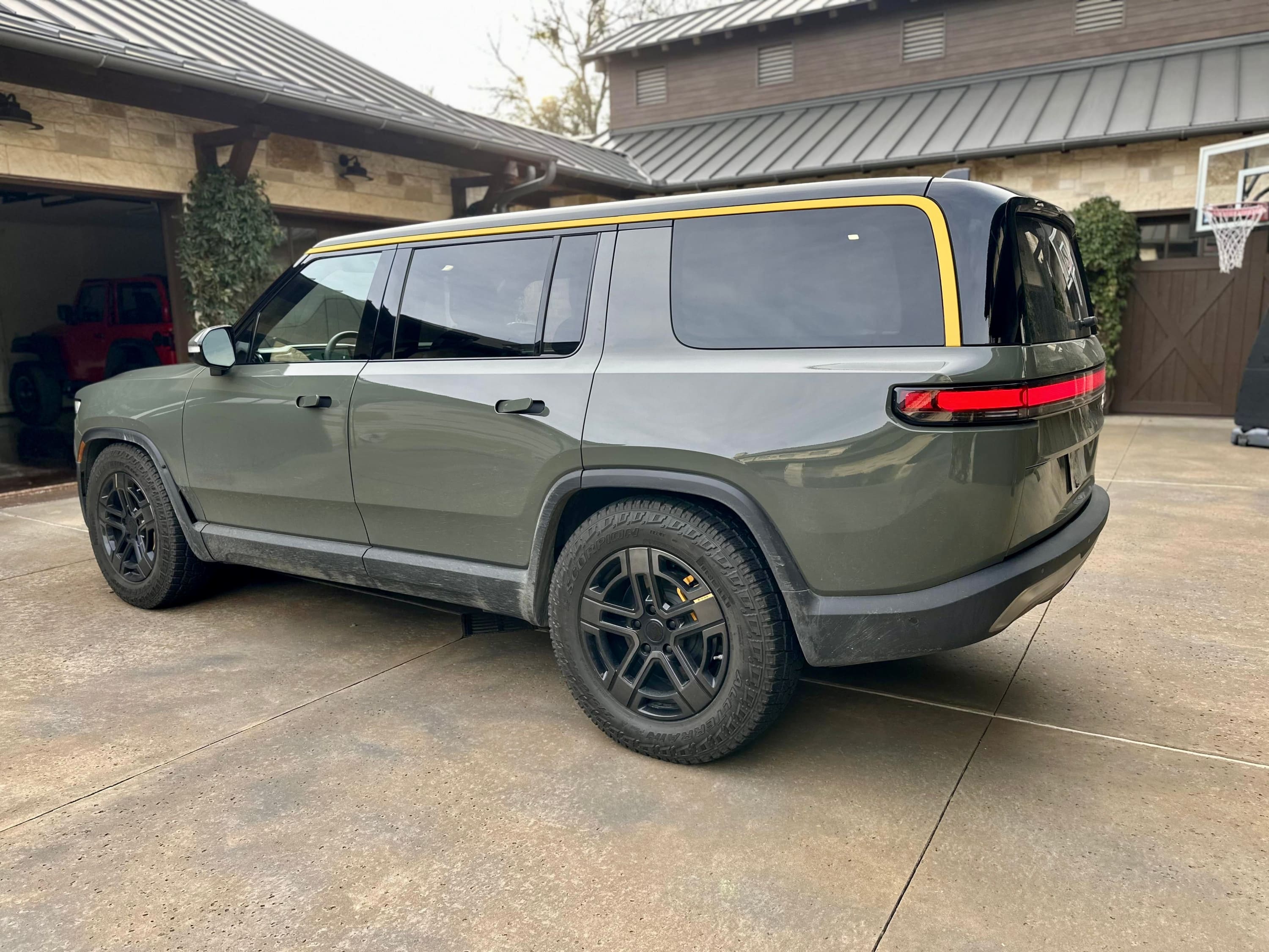 green rivian suv black wheels r1s blackout overlay chrome trim custom-fit