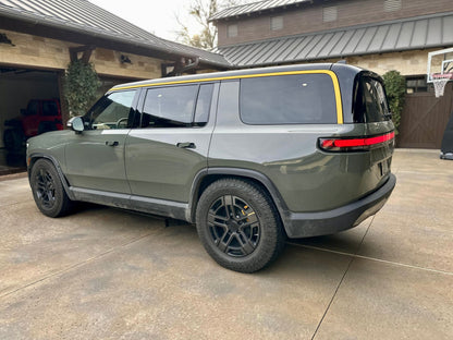 green rivian suv black wheels r1s blackout overlay chrome trim custom-fit