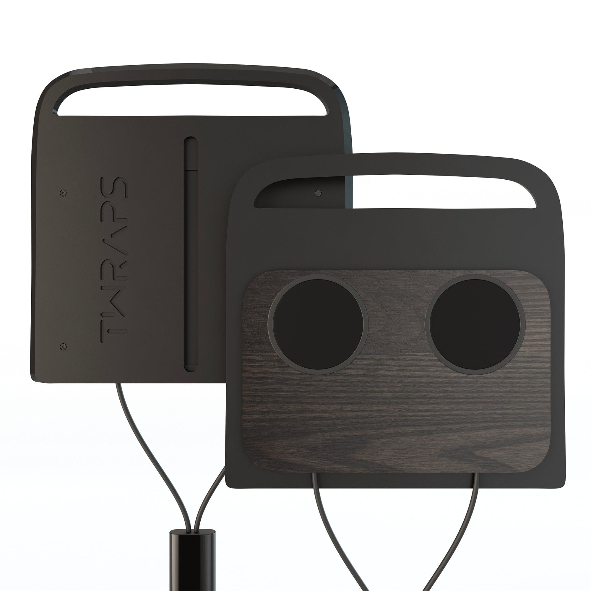 two black handled electronic devices magsafe pucks ash wood charging pad r1t r1s