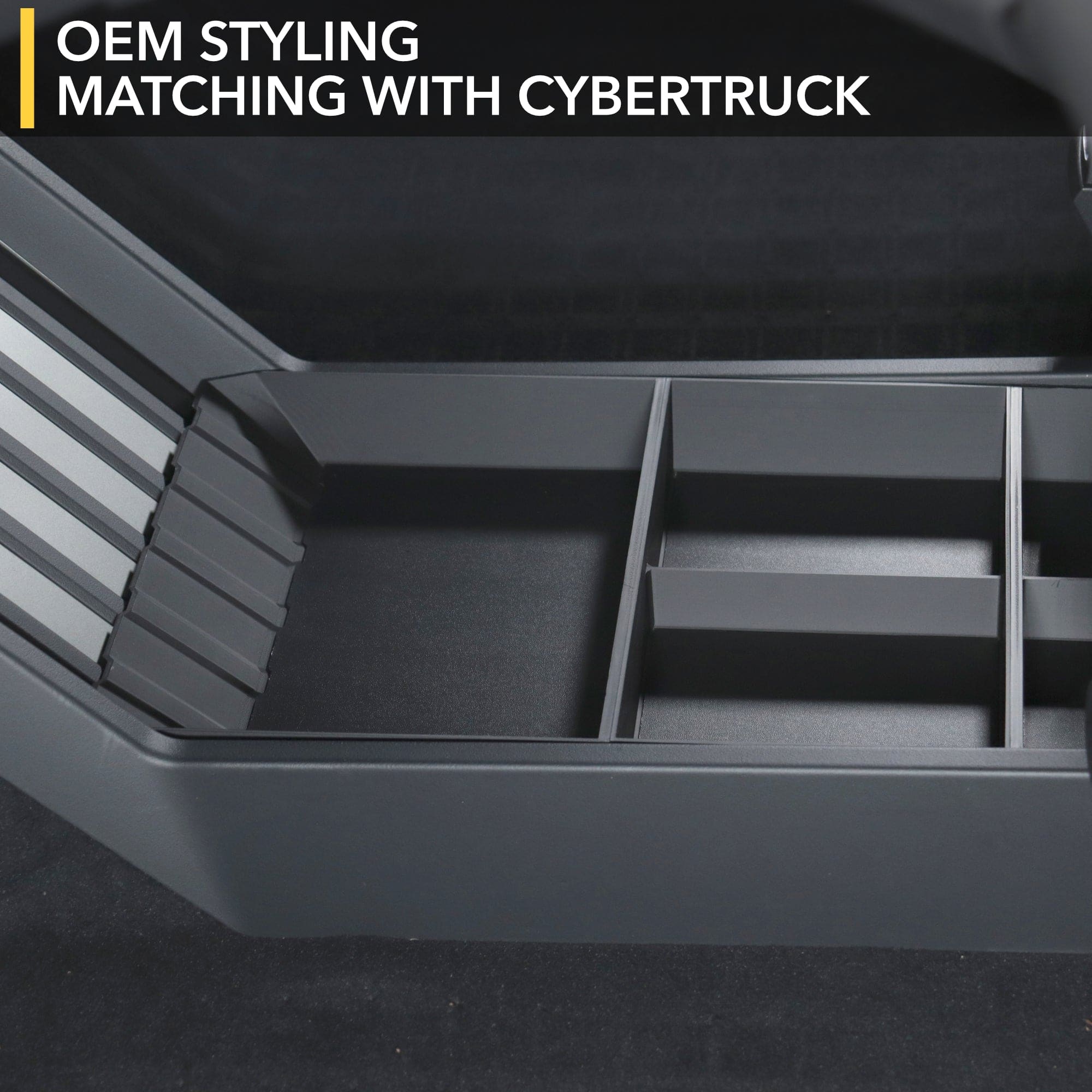 black plastic storage organizer tesla cybertruck leather liners proudly made patent pending design rugged floor console