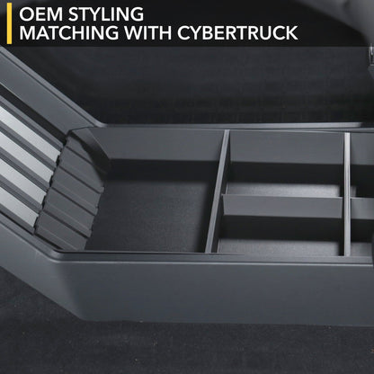 black plastic storage organizer tesla cybertruck leather liners proudly made patent pending design rugged floor console