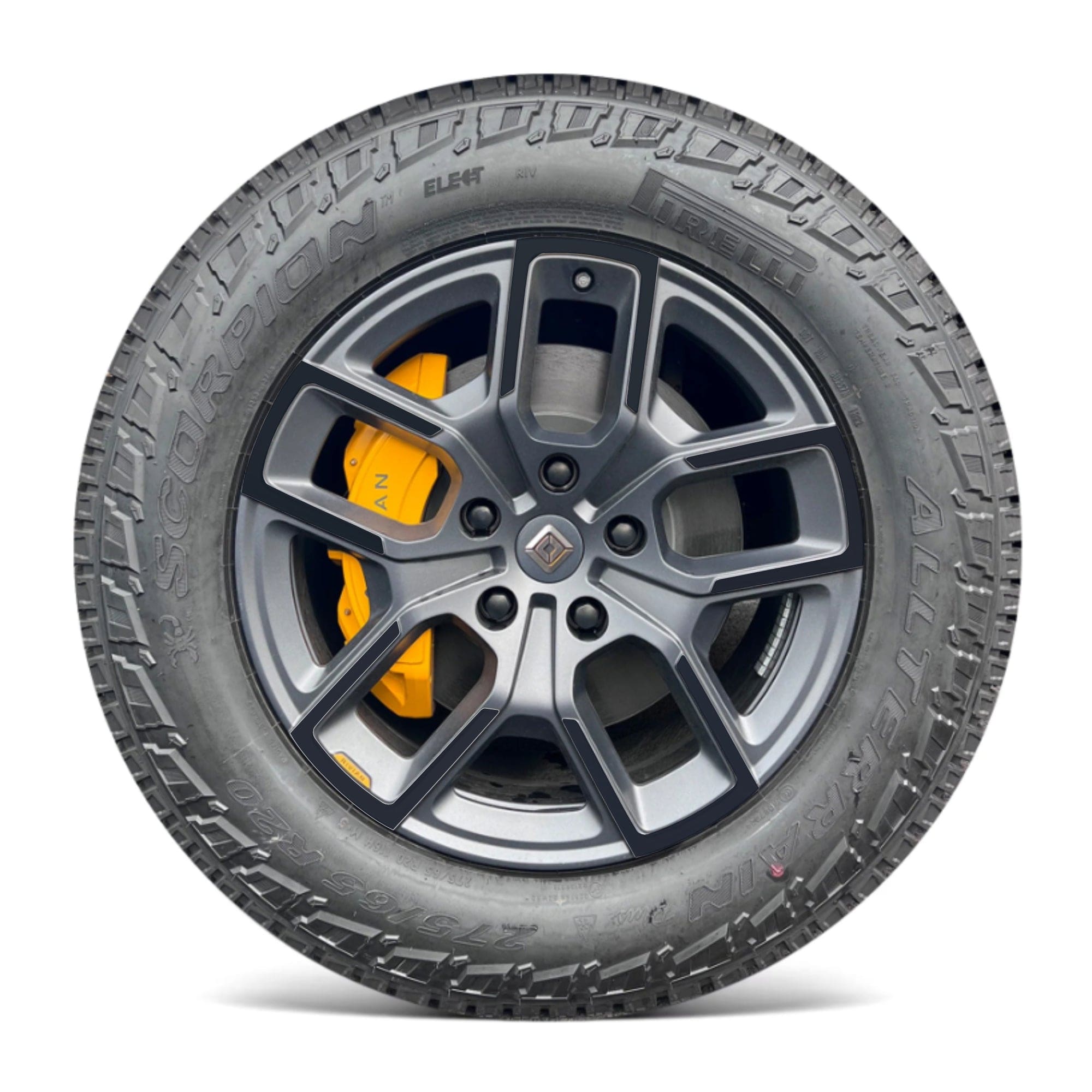 off-road tire gray rim yellow r1s chrome delete rivian r1t vinyl wrap