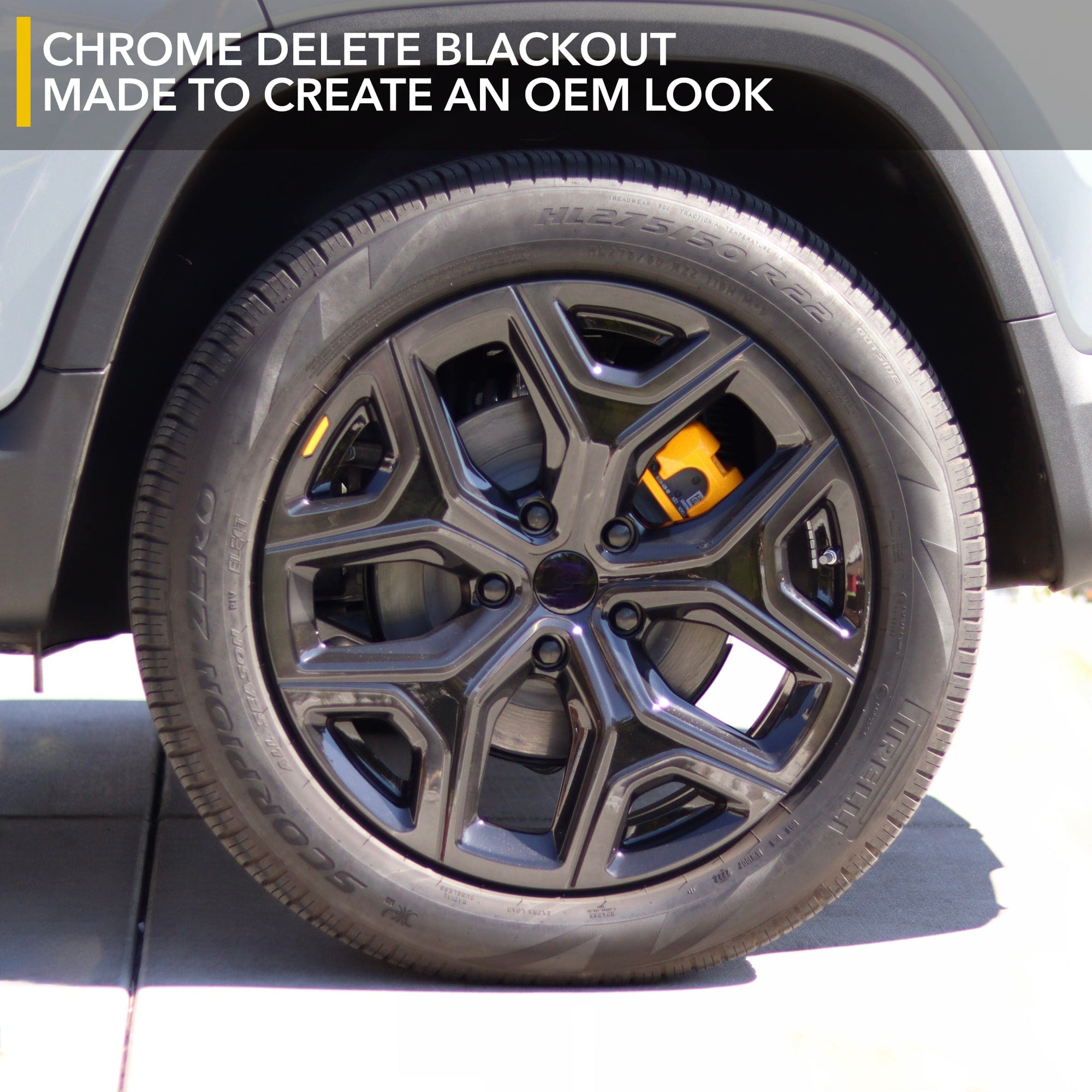 black car wheel yellow brake r1s chrome delete rivian r1t vinyl wrap