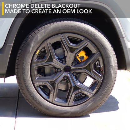 black car wheel yellow brake r1s chrome delete rivian r1t vinyl wrap