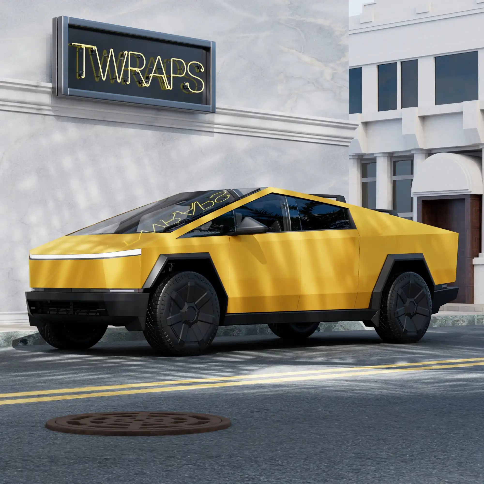 Yellow Tesla Cybertruck with angular geometric design and black wheels.